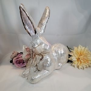 Handcrafted Capiz Shell Rabbit Jeweled Gold Tone Accented Pink Butterfly Bow